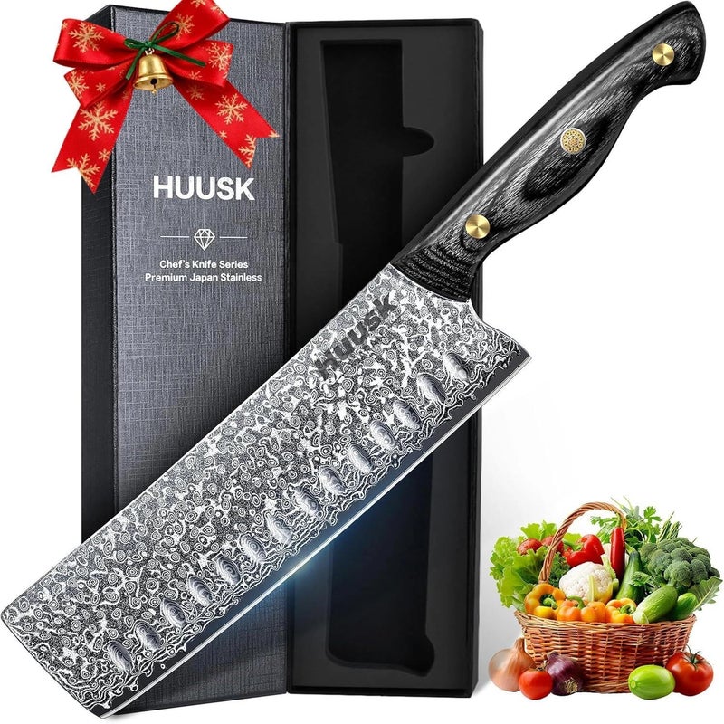Huusk Damascus Nakiri Knife 7inch - Japanese Knives with Sharp Edge and Wooden Handle, Hand Forged Chef Knives for Home Use, Meat Vegetables Fish Knives, Christmas Gift for Men and Women - Image 1