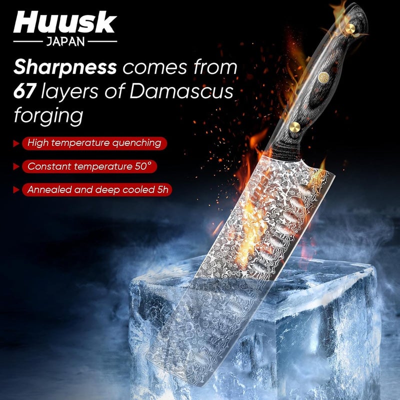 Huusk Damascus Nakiri Knife 7inch - Japanese Knives with Sharp Edge and Wooden Handle, Hand Forged Chef Knives for Home Use, Meat Vegetables Fish Knives, Christmas Gift for Men and Women - Image 2