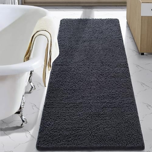 LOCHAS Luxury Bathroom Rug Shaggy Bath Mat 24 x 60 Inch, Washable Non Slip Bath Rugs for Bathroom Shower, Soft Plush Chenille Absorbent Carpets Mats, Dark Grey - Image 1