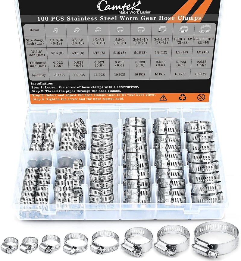 Camtek 100PCS Hose Clamps, Stainless Steel Adjustable 6-44mm Range Worm Gear Hose Clamp Duct Clamp Pipe Clamp Fuel Line Clamp for Plumbing, Automotive and Mechanical Applications Assortment Kit - Image 1