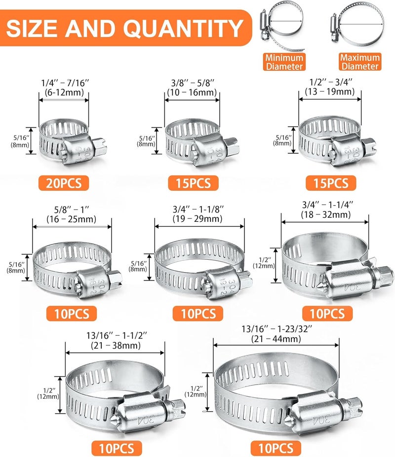 Camtek 100PCS Hose Clamps, Stainless Steel Adjustable 6-44mm Range Worm Gear Hose Clamp Duct Clamp Pipe Clamp Fuel Line Clamp for Plumbing, Automotive and Mechanical Applications Assortment Kit - Image 2