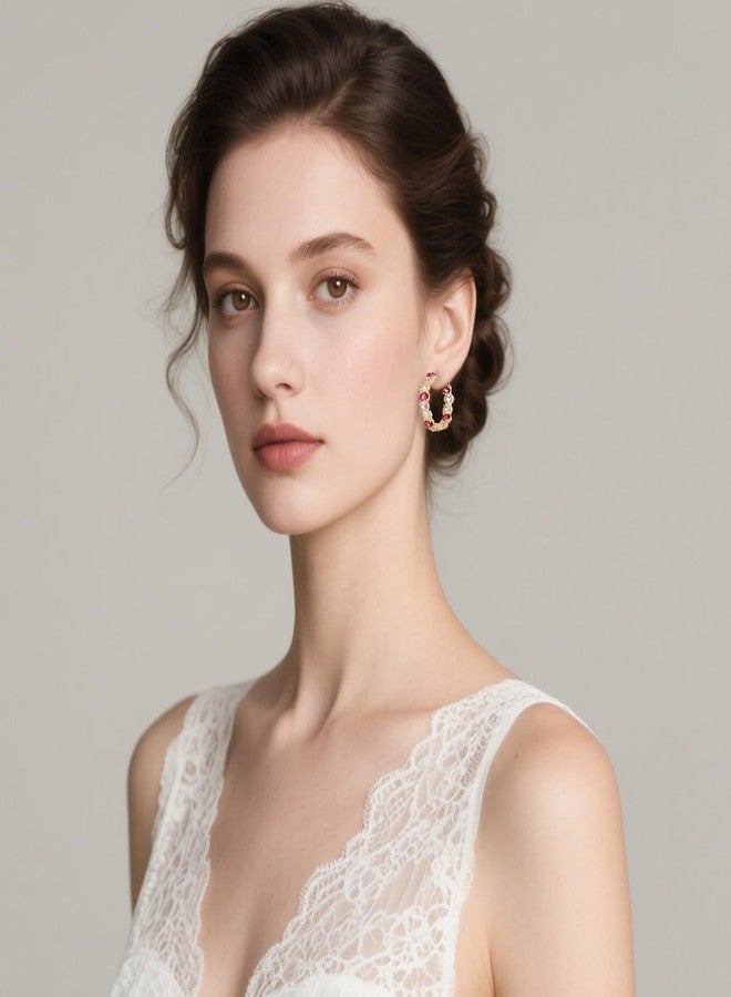 EVEVIC Dazzling Multicolor Austrian Crystal 14K Gold Plated Hoop Earrings for Women Fashion Hypoallergenic Jewelry Gift (Pink Main Crystal/Gold-tone) - Image 5