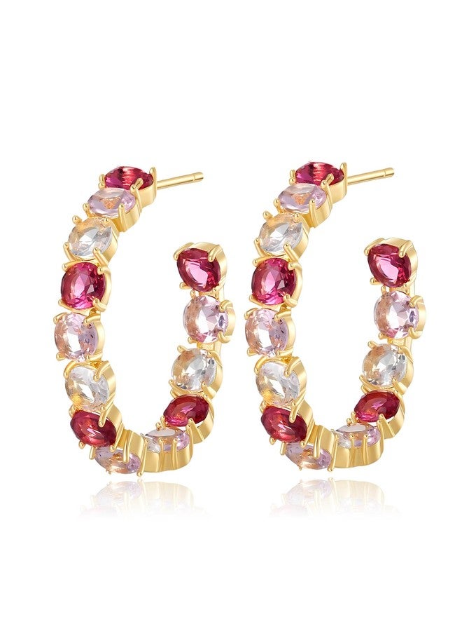 EVEVIC Dazzling Multicolor Austrian Crystal 14K Gold Plated Hoop Earrings for Women Fashion Hypoallergenic Jewelry Gift (Pink Main Crystal/Gold-tone) - Image 1