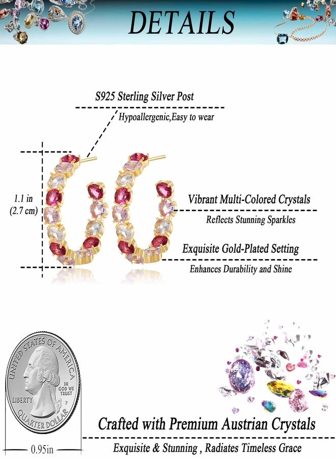 EVEVIC Dazzling Multicolor Austrian Crystal 14K Gold Plated Hoop Earrings for Women Fashion Hypoallergenic Jewelry Gift (Pink Main Crystal/Gold-tone) - Image 4