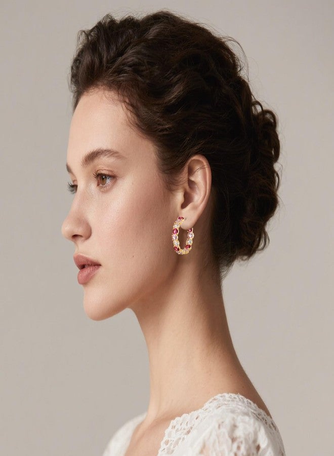 EVEVIC Dazzling Multicolor Austrian Crystal 14K Gold Plated Hoop Earrings for Women Fashion Hypoallergenic Jewelry Gift (Pink Main Crystal/Gold-tone) - Image 2