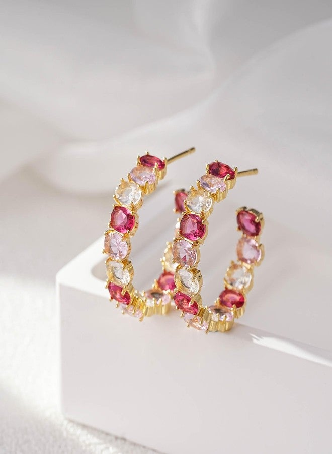 EVEVIC Dazzling Multicolor Austrian Crystal 14K Gold Plated Hoop Earrings for Women Fashion Hypoallergenic Jewelry Gift (Pink Main Crystal/Gold-tone) - Image 3
