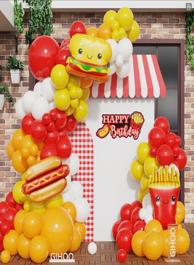 GIHOO Fast Food Hot Dog Party Decorations 140PCS Red Yellow Balloon Garland Acrh Kit with Hamburger French Fries and Hot Dog Foil Balloon for Junk Fast Food Picnic Themed Birthday Baby Shower Party Supplies - Image 1