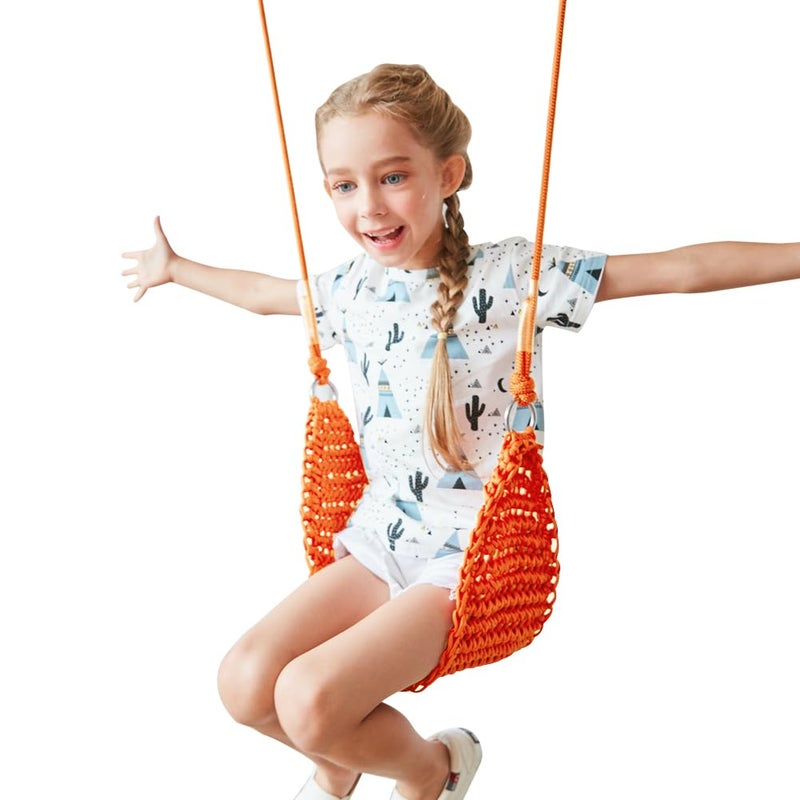 ROPECUBE HandKnitting Kids Swing Indoor Outdoor Portable Tree Swing SeatAdjustable Ropes with Hanging Strap and Snap Hook for Camping Hiking Backyard Playset and Playroom Easy InstallOrange