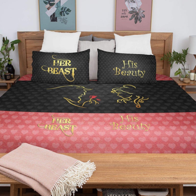 YaYa Cafe TheYaYaCafe Birthday Gifts Her Beast His Beauty Romantic Couple bedsheet for Girlfriend Boyfriend Husband Wife with 2 Pillow Covers Pink - Image 4