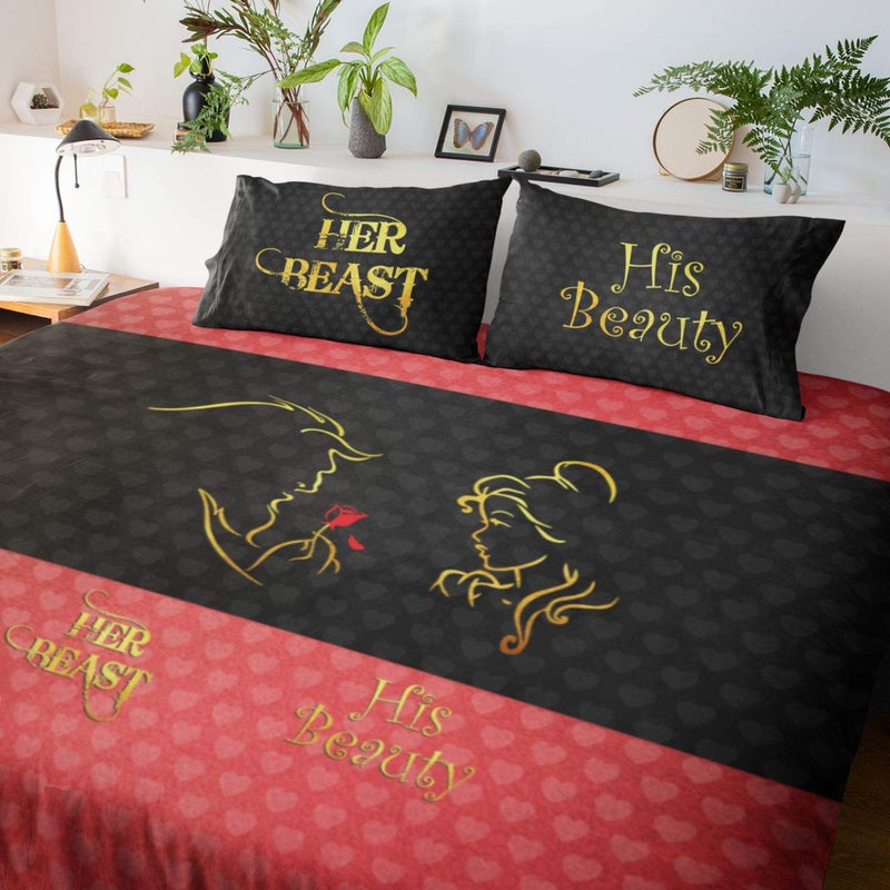 YaYa Cafe TheYaYaCafe Birthday Gifts Her Beast His Beauty Romantic Couple bedsheet for Girlfriend Boyfriend Husband Wife with 2 Pillow Covers Pink - Image 2
