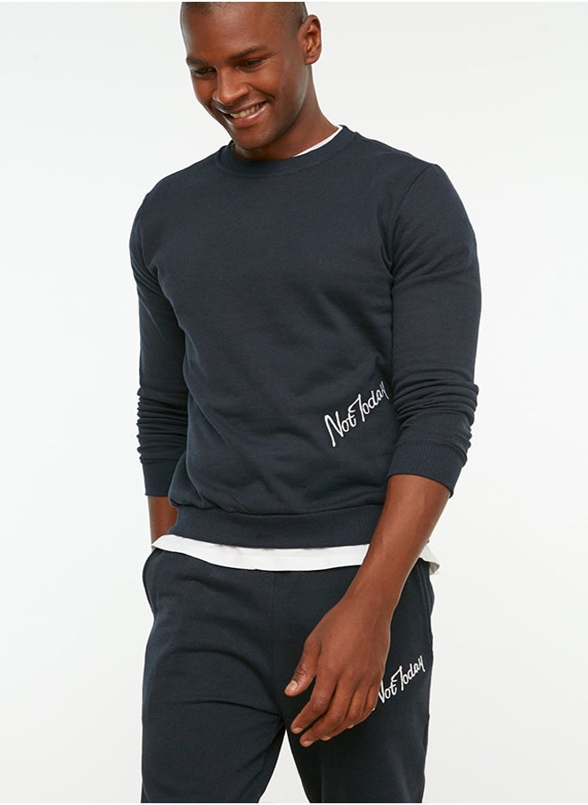 trendyol - Navy Blue Tracksuit Set Regular/Normal Cut With Fleece Text Embroidery Inside Warm Keeping TMNAW21EM0082 - Image 1