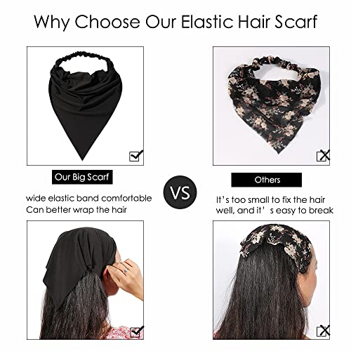 Vercret 6 Pack Hair Scarf Headband for Women - Elastic Hair Kerchief Large Boho Triangle Bandana Head Scarf with Clips Non Slip Solid Color Headbands Hair Scarves for Teen Girls - Image 3