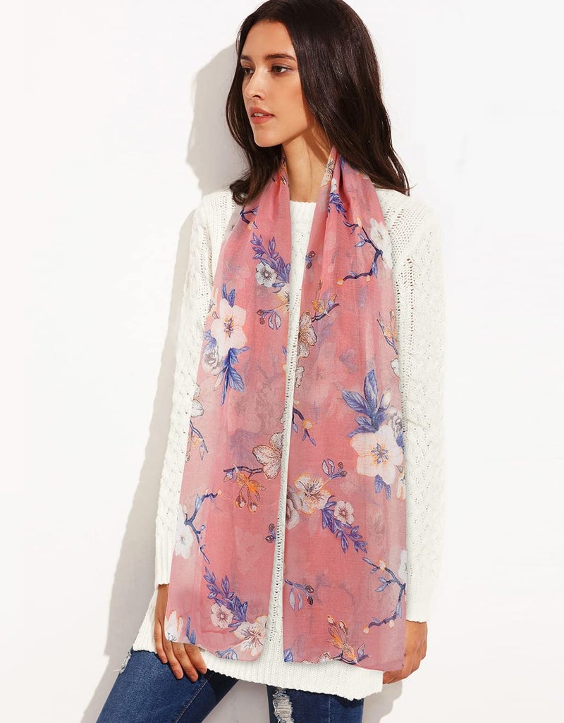 GERINLY Pink Flower Garden Scarves for Women Pretty Neck Wrap Beautiful Shoulder Shawl Feminine Head Scarf Pareo (Pink) - Image 3