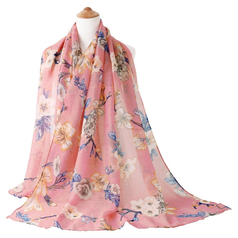 GERINLY Pink Flower Garden Scarves for Women Pretty Neck Wrap Beautiful Shoulder Shawl Feminine Head Scarf Pareo (Pink) - Image 2