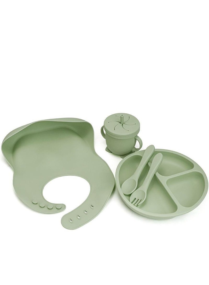 5 pieces Baby silicone feeding set/ Children's Cutlery & tableware set/ Portable, Travel friendly/ Non-toxic Food Grade Silicone/ Baby Feeding Set/ Safe & Reusable Utensils for toddlers and kids (5 Pieces/ Compartment Plate, Water Cup, Bib, Fork & Spoon)/ Green - Image 3