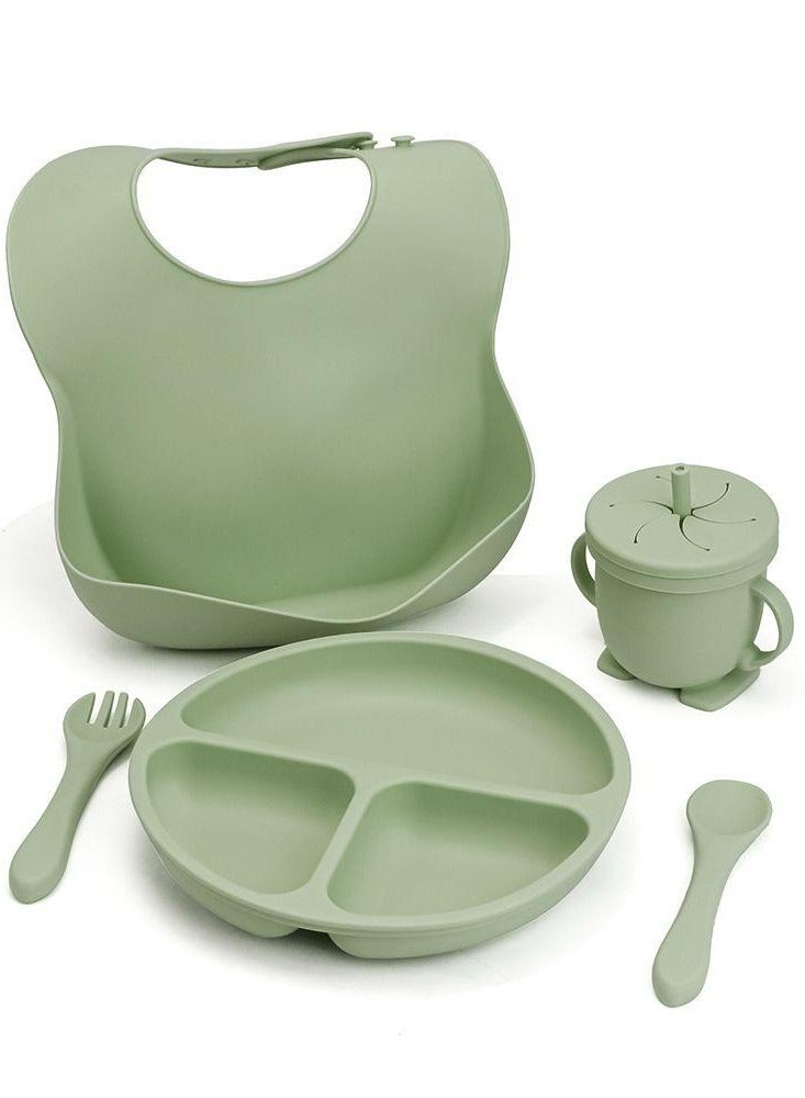 5 pieces Baby silicone feeding set/ Children's Cutlery & tableware set/ Portable, Travel friendly/ Non-toxic Food Grade Silicone/ Baby Feeding Set/ Safe & Reusable Utensils for toddlers and kids (5 Pieces/ Compartment Plate, Water Cup, Bib, Fork & Spoon)/ Green - Image 1