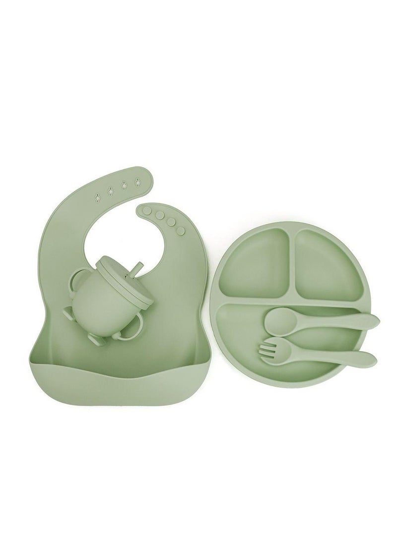 5 pieces Baby silicone feeding set/ Children's Cutlery & tableware set/ Portable, Travel friendly/ Non-toxic Food Grade Silicone/ Baby Feeding Set/ Safe & Reusable Utensils for toddlers and kids (5 Pieces/ Compartment Plate, Water Cup, Bib, Fork & Spoon)/ Green - Image 2