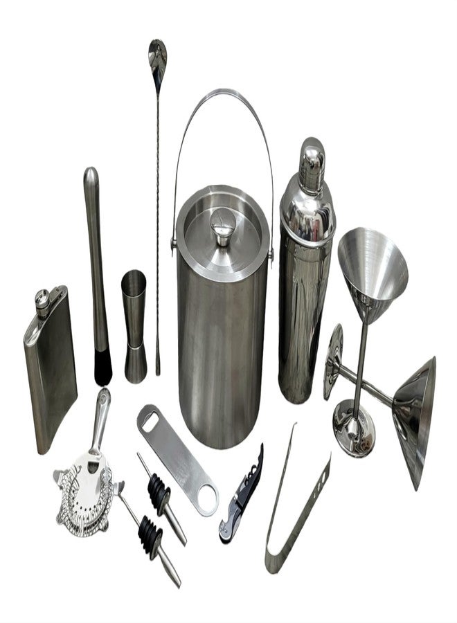 Proniks Stainless Steel Barware Kits and Bar Accessories in Pack of 14 in Silver Color with Barware Leather Case for Traveling and Home, Bar and Mini Bar and for Cocktail and mocktail Parties - Image 1