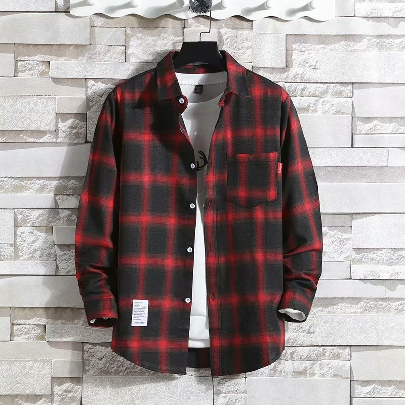 Spring and Autumn Thin Plaid Long-sleeved Shirt Mens Loose Ins Fashionable Korean Style Shirt Mens Work Clothes for Construction Site Red 6605