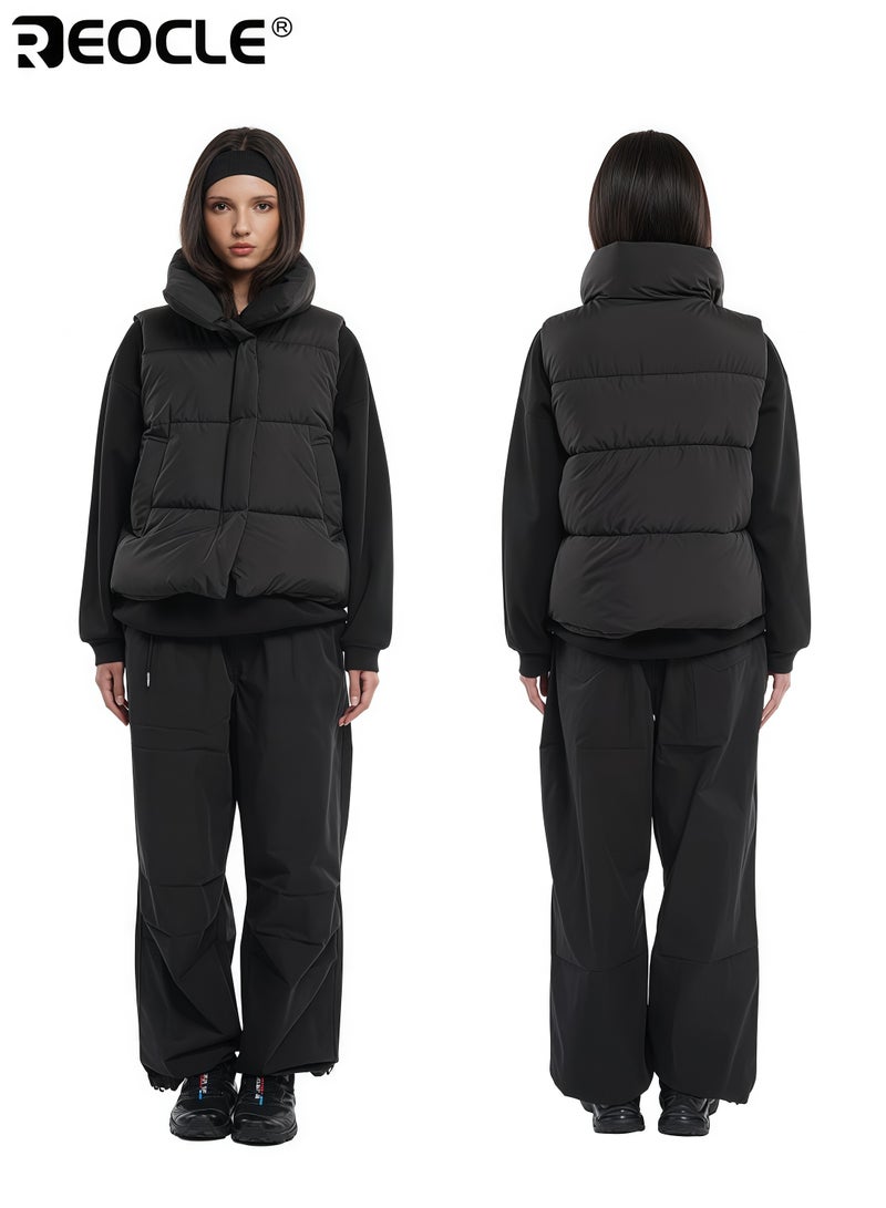 ريوكل صدرية نسائية مبطنة بتصميم قصير كبير الحجم مع ميزة بدون أكمام، ملابس خارجية شتوية توفر دفء متعدد الاستخدامات للطبقات العصرية - Image 2