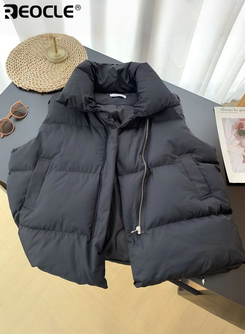 ريوكل صدرية نسائية مبطنة بتصميم قصير كبير الحجم مع ميزة بدون أكمام، ملابس خارجية شتوية توفر دفء متعدد الاستخدامات للطبقات العصرية - Image 4