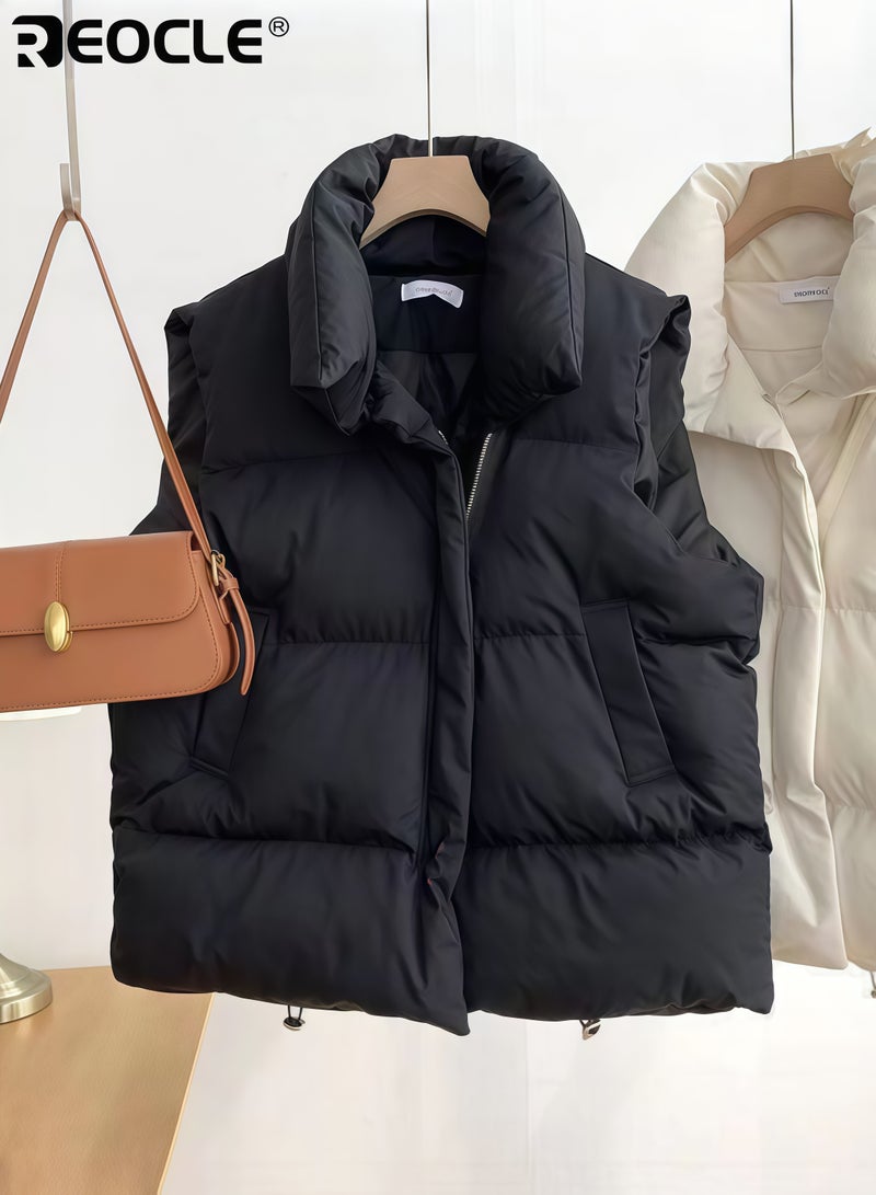 ريوكل صدرية نسائية مبطنة بتصميم قصير كبير الحجم مع ميزة بدون أكمام، ملابس خارجية شتوية توفر دفء متعدد الاستخدامات للطبقات العصرية - Image 3