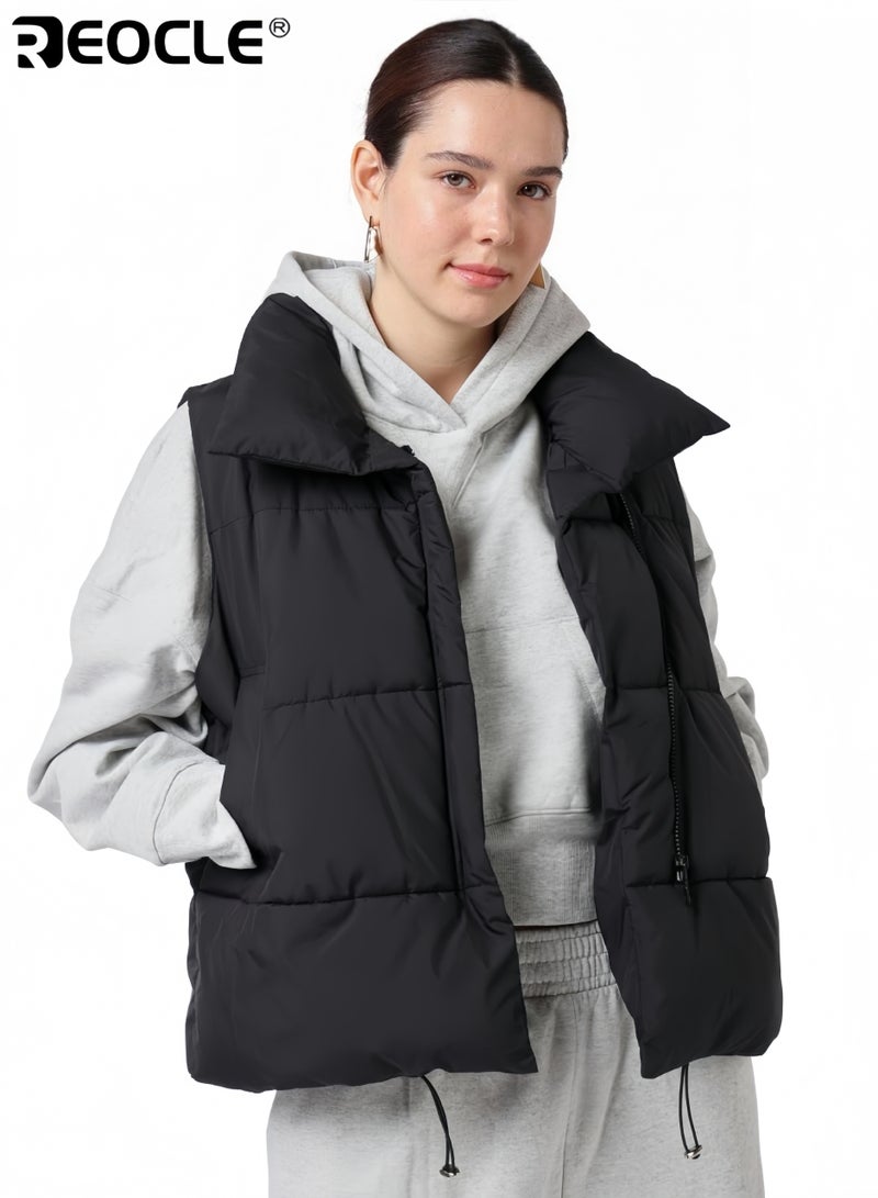 ريوكل صدرية نسائية مبطنة بتصميم قصير كبير الحجم مع ميزة بدون أكمام، ملابس خارجية شتوية توفر دفء متعدد الاستخدامات للطبقات العصرية - Image 1