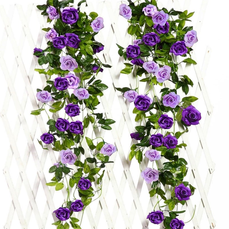 JUSTOYOU 2pcs 78FT Twotone Artificial Fake Rose Garland Wine Hanging Silk Flower Artificial Flower for Outdoor and Indoor Wedding Wall Bad Decoration Purple