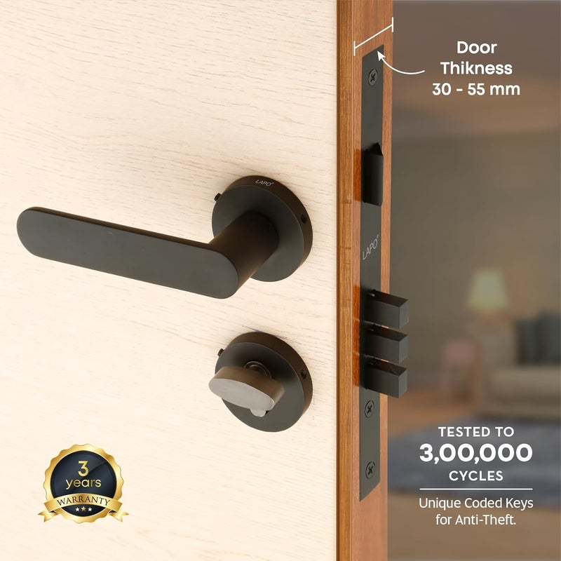 LAPO LAPO Door Locks for Main Door Door Locks for Bedroom Mortise Lock for Door Door Lock Handlesets with 3 Brass Key for HomeOfficeHotel Black Finish 3 Years Warranty Ro180  - Image 2