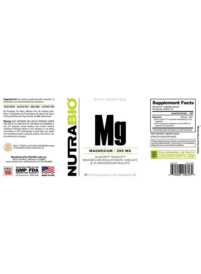 NutraBio Reacted Magnesium Supplement - Muscle Relaxation - Bone Formation - 120 Vegetable Capsules, 200mg per Serving - Image 2