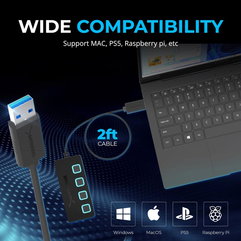 SABRENT 4 Port USB 3.0 Hub with Individual LED Lit Power Switches, Includes 5V/2.5A Power Adapter (HB-UMP3) - Image 2