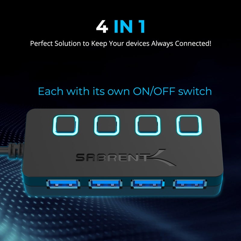SABRENT 4 Port USB 3.0 Hub with Individual LED Lit Power Switches, Includes 5V/2.5A Power Adapter (HB-UMP3) - Image 4