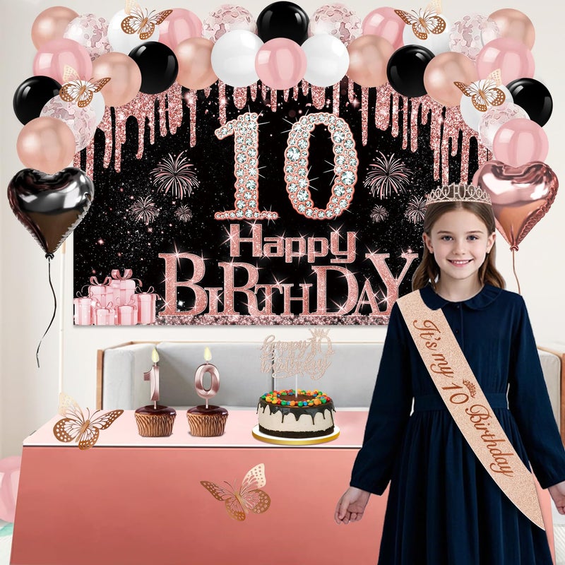 Juesly 10th Birthday Decorations for Girl, 49pcs Black Rose Gold Black Happy 10th Birthday Banner, Tablecloth, Butterfly Decor, Sash and Tiara, Cake Topper, Candles, Balloons Arch - Image 2