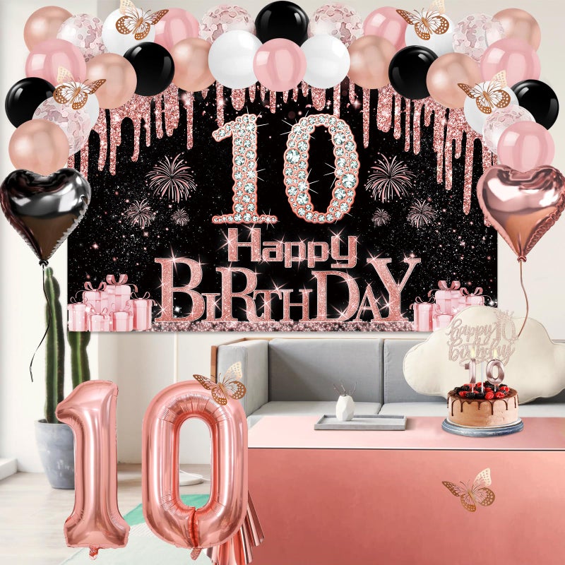 Juesly 10th Birthday Decorations for Girl, 49pcs Black Rose Gold Black Happy 10th Birthday Banner, Tablecloth, Butterfly Decor, Sash and Tiara, Cake Topper, Candles, Balloons Arch - Image 5