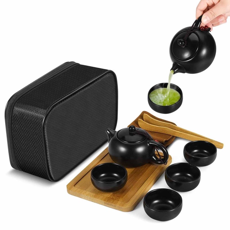 Flexzion Chinese Japanese Vintage Kungfu Gongfu Tea Set Portable Travel Teapot, (Matte Black) Porcelain Ceramic Tea Pot, 4 Tea Cup, Bamboo Tea Tray, Tea Mat, Portable Travel Bag - Image 1