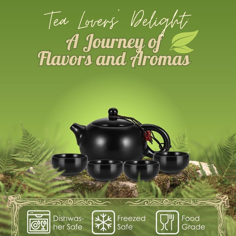 Flexzion Chinese Japanese Vintage Kungfu Gongfu Tea Set Portable Travel Teapot, (Matte Black) Porcelain Ceramic Tea Pot, 4 Tea Cup, Bamboo Tea Tray, Tea Mat, Portable Travel Bag - Image 2