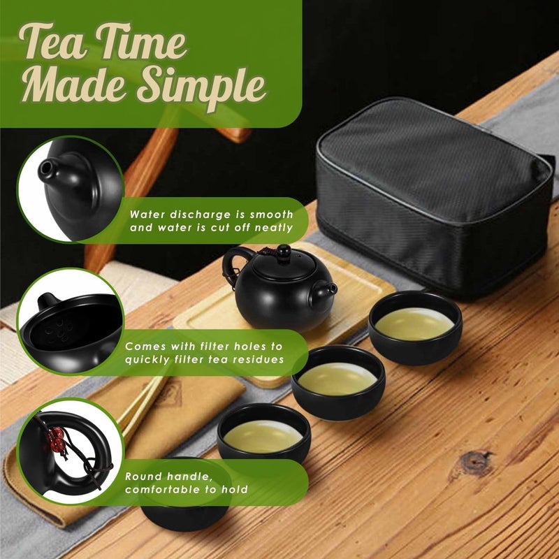 Flexzion Chinese Japanese Vintage Kungfu Gongfu Tea Set Portable Travel Teapot, (Matte Black) Porcelain Ceramic Tea Pot, 4 Tea Cup, Bamboo Tea Tray, Tea Mat, Portable Travel Bag - Image 3