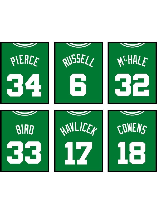 Home Trove Boston Celtics NBA Poster Set of Six Vintage Basketball Jerseys - Bird McHale Russell Pierce Cowens Havlicek - 8x10 Poster Prints - Image 1