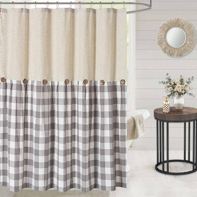 DOSLY IDÃ‰ES DOSLY IDES Linen Button Farmhouse Shower CurtainLinen and Cotton FabricPleated Gray and White Buffalo Plaid Checked PatternCountry Style72x72 in