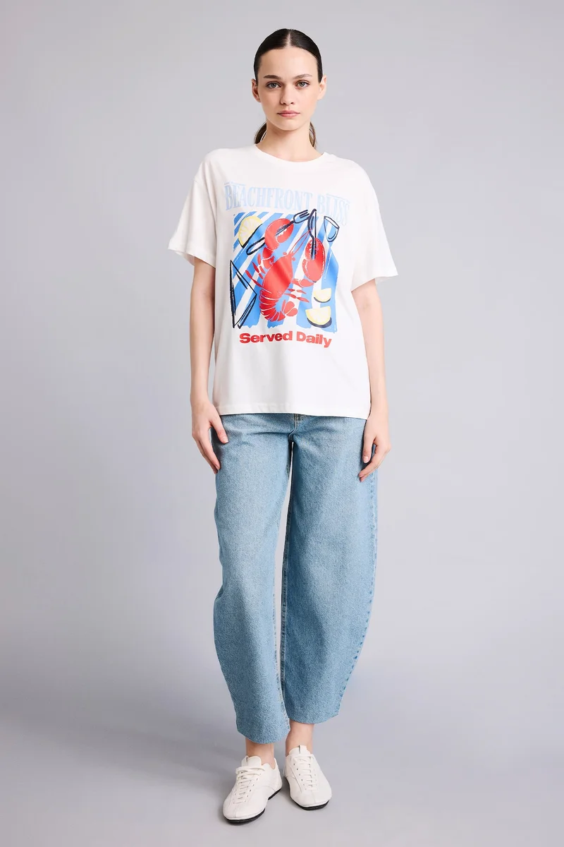 Defacto Oversize Fit Crew Neck Printed Short Sleeve T-Shirt