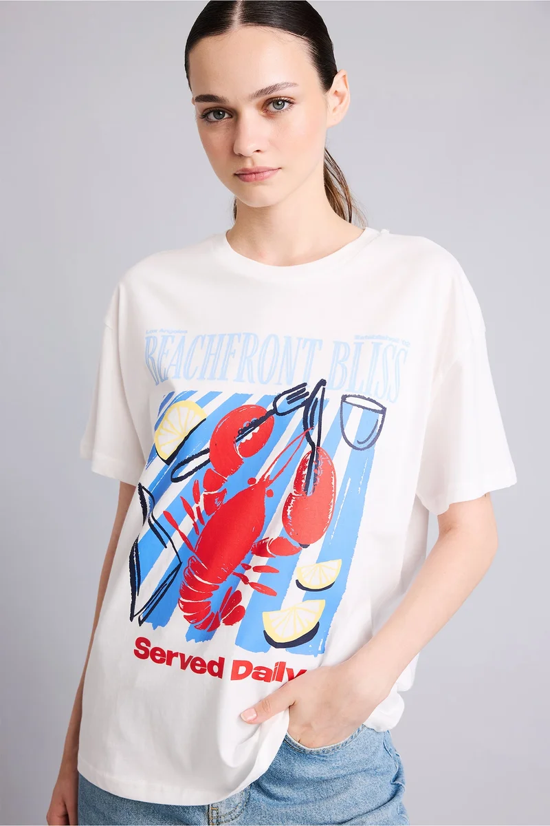 Defacto Oversize Fit Crew Neck Printed Short Sleeve T-Shirt