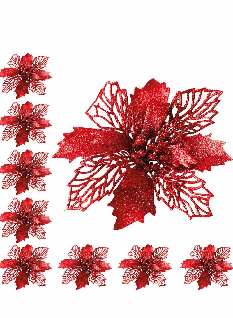 Excefore Glitter Poinsettia Flowers Artificial, 10 Pcs Red Decorations Tree Ornaments for Holiday/Seasonal/Wedding Party Wreath DIY Decors - Image 1