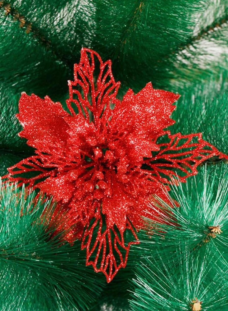 Excefore Glitter Poinsettia Flowers Artificial, 10 Pcs Red Decorations Tree Ornaments for Holiday/Seasonal/Wedding Party Wreath DIY Decors - Image 5