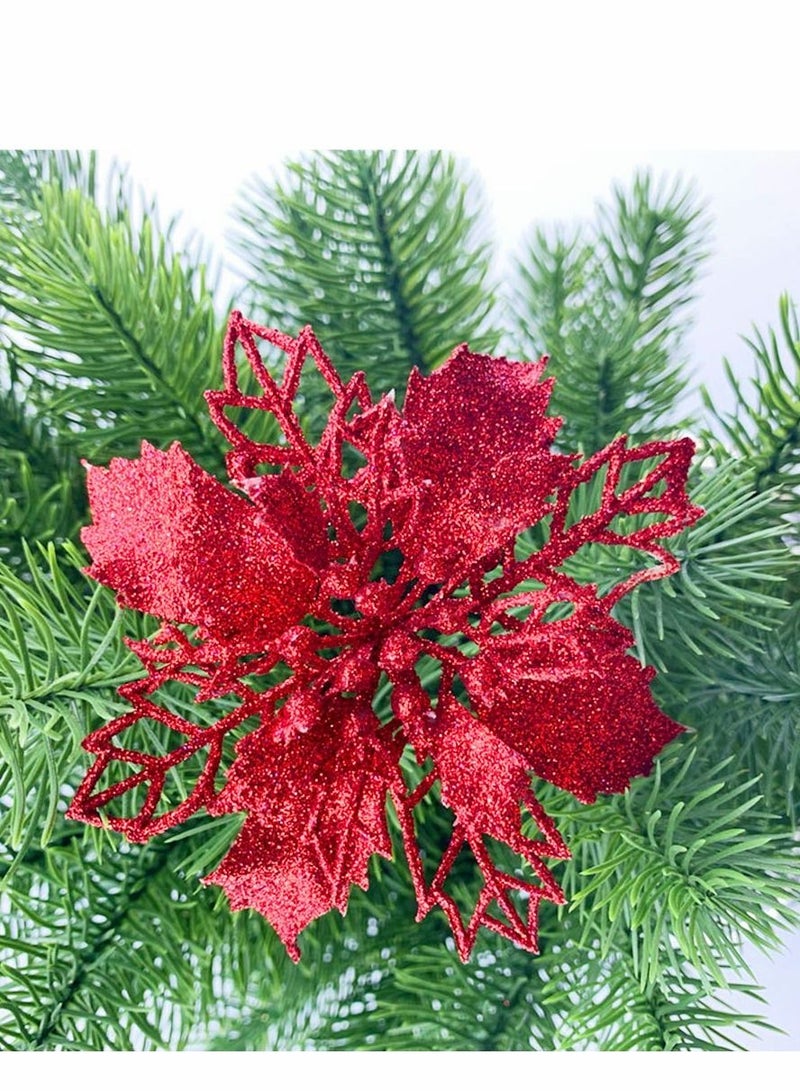 Excefore Glitter Poinsettia Flowers Artificial, 10 Pcs Red Decorations Tree Ornaments for Holiday/Seasonal/Wedding Party Wreath DIY Decors - Image 3