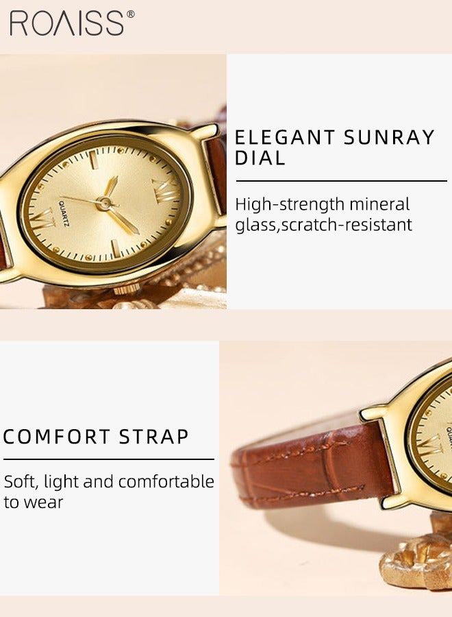 رويس ساعة كوارتز نسائية بحزام جلدي بقرص بيضاوي بنسيج أشعة الشمس، ساعة يد أنيقة مقاومة للماء كهدية للسيدات - Image 4