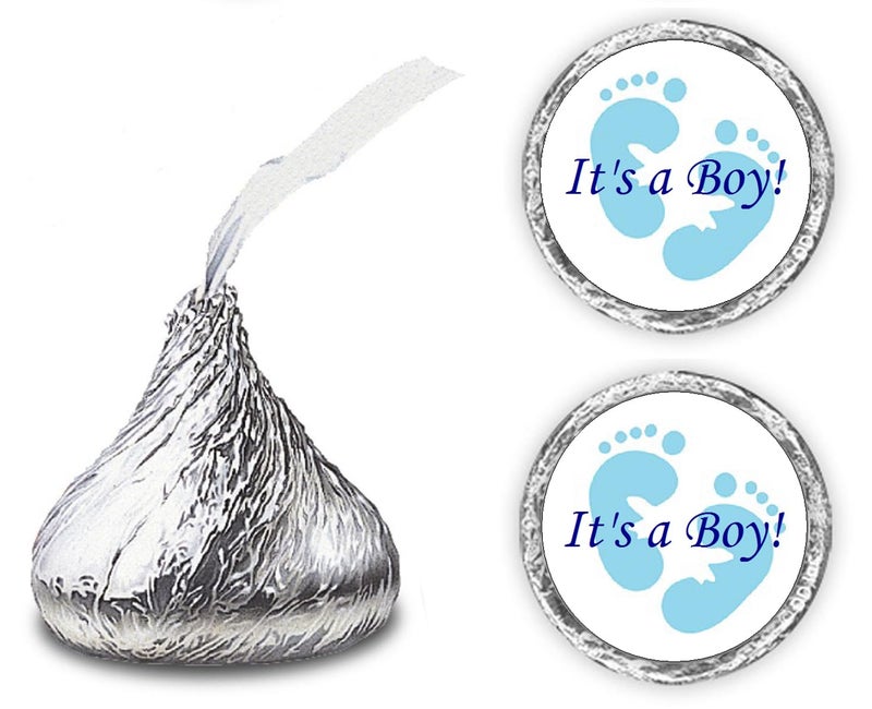 Creativity Labels 324 Its a Boy Blue Footprints Kisses Labels for Baby Shower Or Baby Sprinkle Party Or Event Decorations, Stickers, Wrappers, Favors. Made in USA - Image 1
