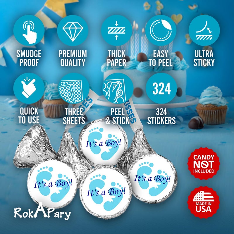 Creativity Labels 324 Its a Boy Blue Footprints Kisses Labels for Baby Shower Or Baby Sprinkle Party Or Event Decorations, Stickers, Wrappers, Favors. Made in USA - Image 3