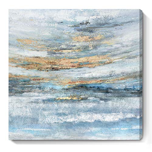 Nicetop Bathroom Wall Art Abstract Canvas Art Print Modern Blue Ocean Picture Small Coastal Sunset & Sunrise Artwork for Sea Lake Themed Home Bedroom Décor 13.3x13.3inch - Image 1