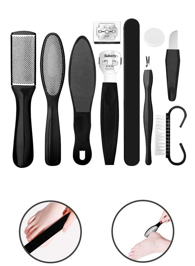مجموعة أدوات العناية بالقدم المهنية من 10 قطع ، مجموعة باديكير لإزالة الجلد الميت (أسود) - Image 1