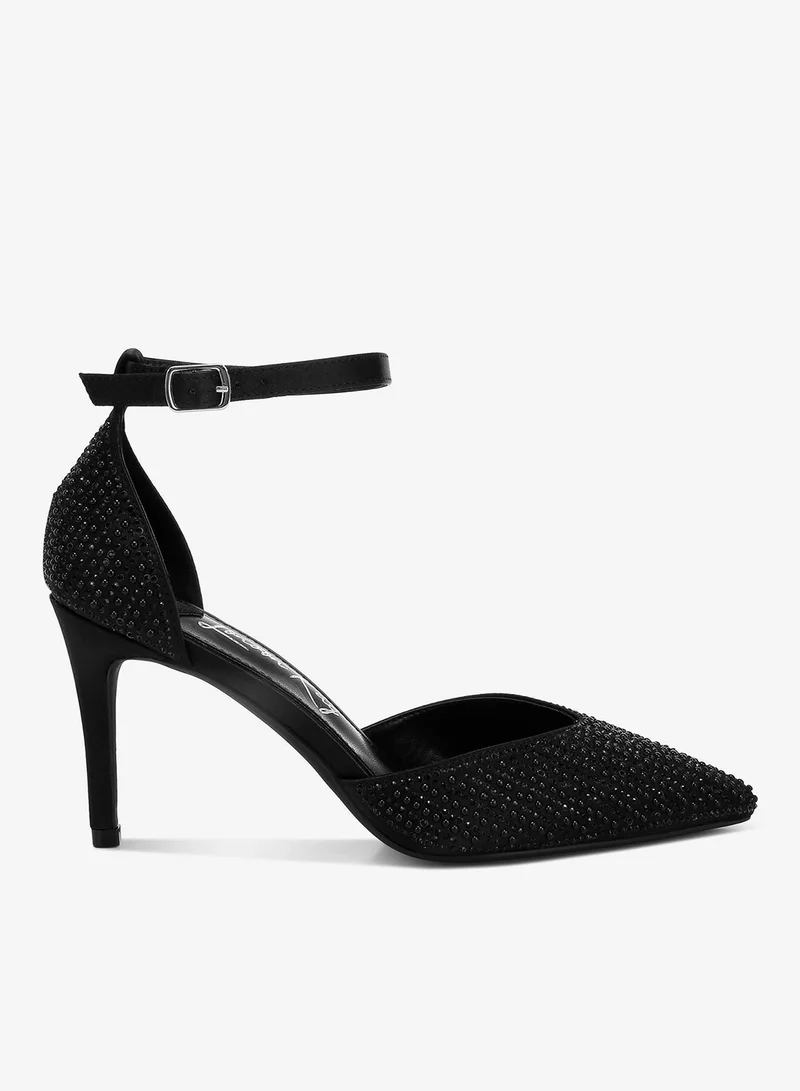 Pearls & Sequins Embellished Stiletto Sandals in Black